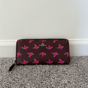 Coach Dark Brown Wallet with Pink and Blue Bird Pattern